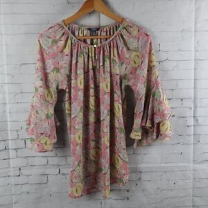 CHAPS PINK FLORAL RUFFLE TULIP 1/2 SLEEVE LOOSE FIT TOP SIZE SMALL